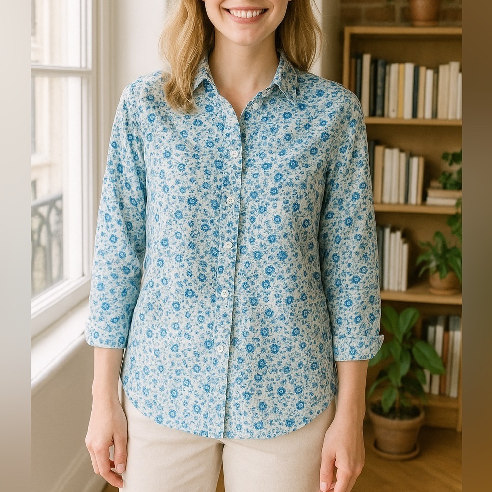J. McLaughlin Silk Cotton Blend Blue Green Floral Button Down Shirt size Large